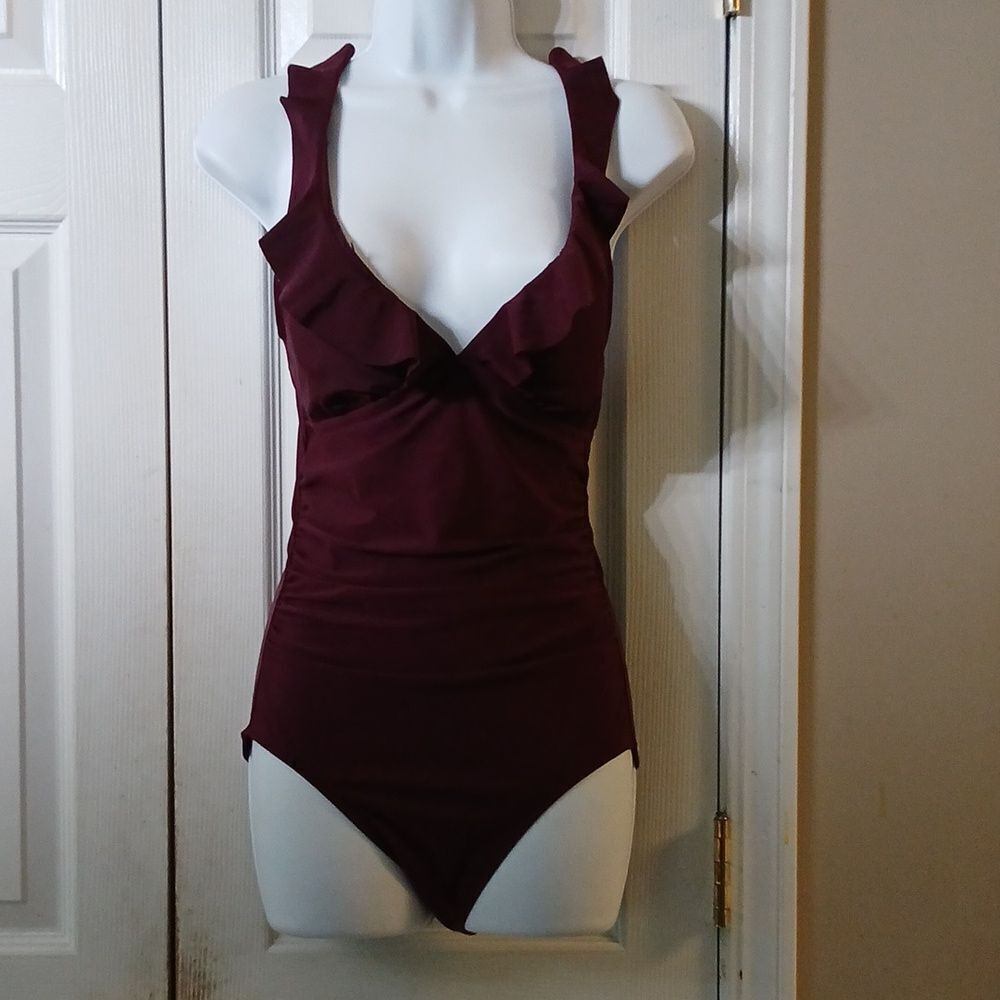Kona Sol deep wine ruffle v neck ruched bathing suit swim suit Sz S NWOT
